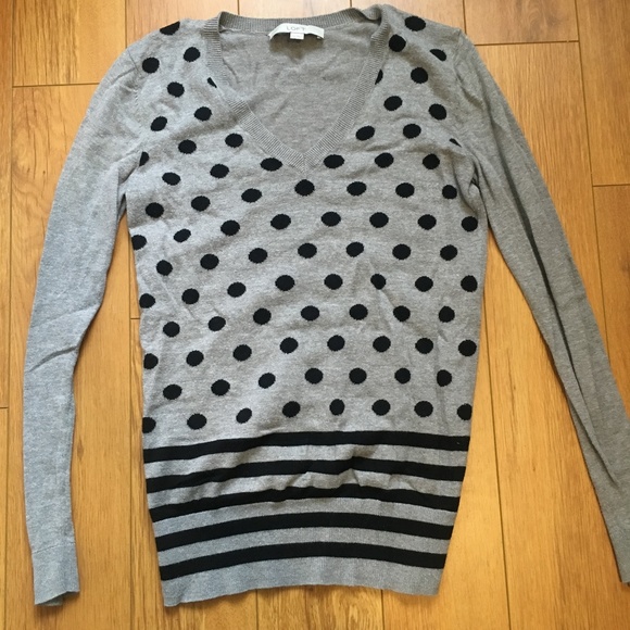 Loft Grey V-Neck Black Polka Dot/Striped Sweater - Picture 1 of 2